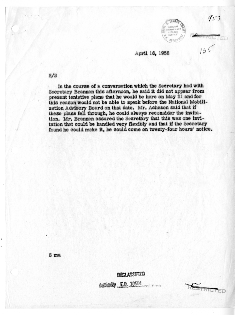 Memorandum of Conversation with Secretary of Agriculture Charles Brannan