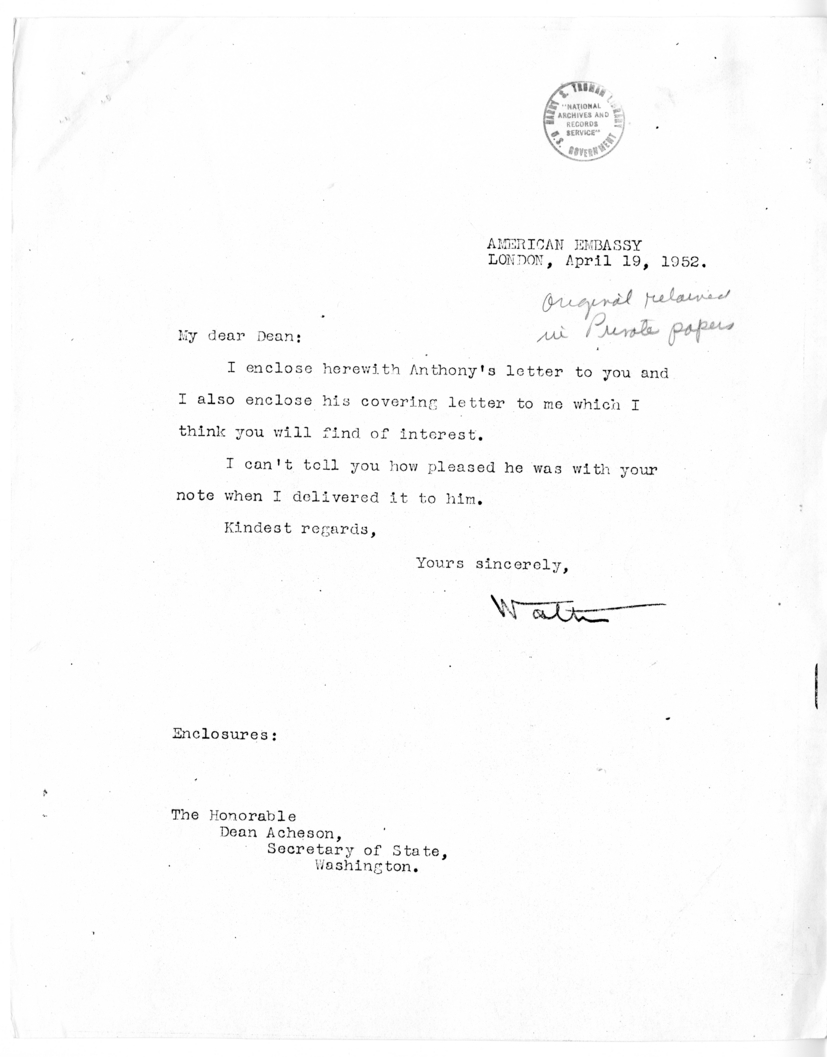 Letter from United States Ambassador to Great Britain Walter S. Gifford to Dean Acheson, with Attached Letter from Foreign Secretary Anthony Eden of Great Britain to Dean Acheson