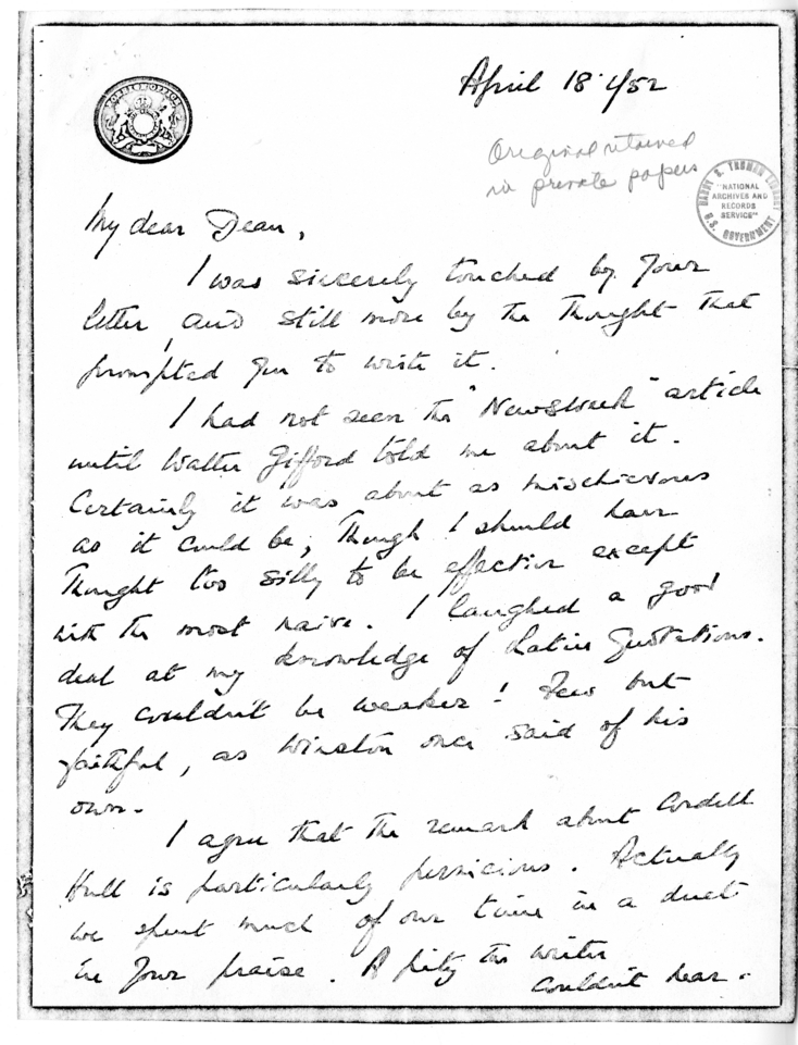Letter from United States Ambassador to Great Britain Walter S. Gifford to Dean Acheson, with Attached Letter from Foreign Secretary Anthony Eden of Great Britain to Dean Acheson