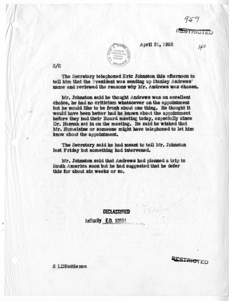 Memorandum of Telephone Conversation with Eric Johnston