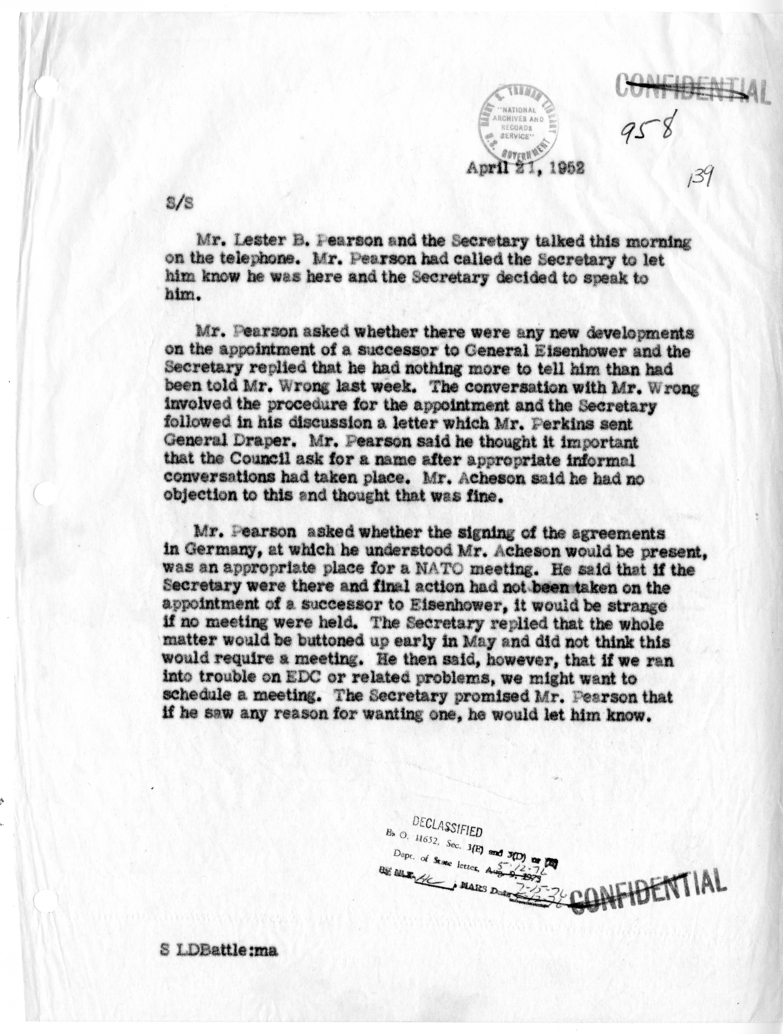 Memorandum of Telephone Conversation with Lester B. Pearson