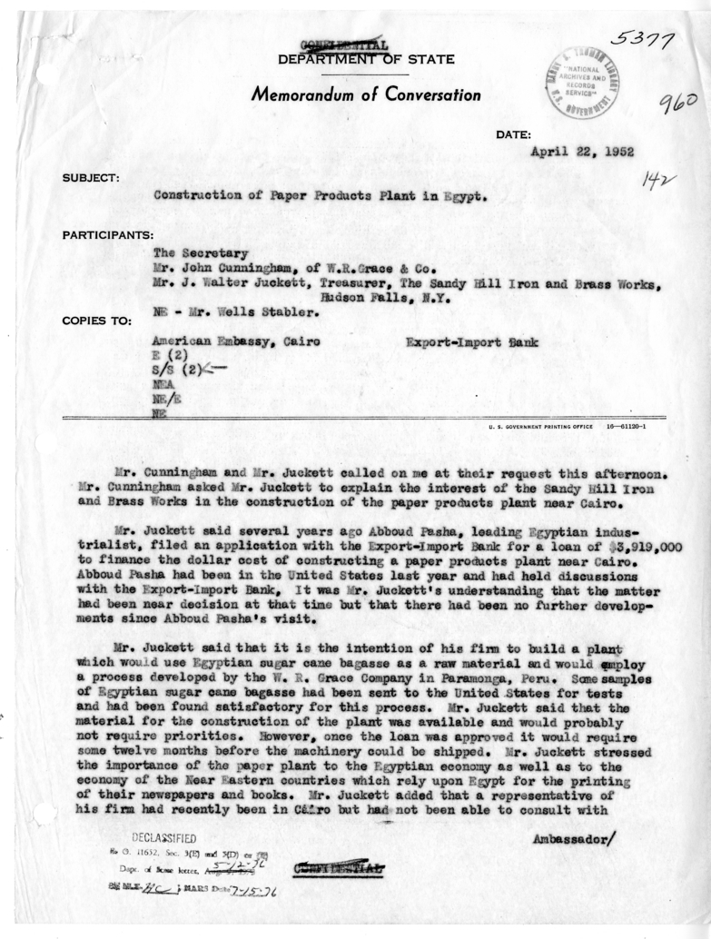 Memorandum of Conversation with John Cunningham of W. R. Grace & Company; Mr. J. Walter Juckett, Treasurer of The Sandy Hill Iron and Brass Works, Hudson Falls, New York; and Wells Stabler