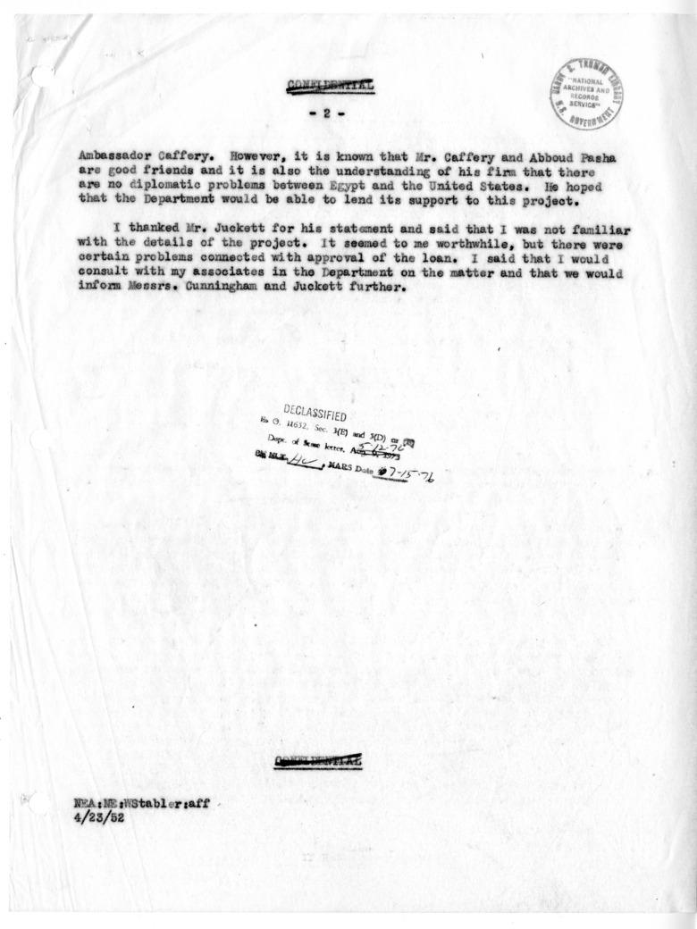 Memorandum of Conversation with John Cunningham of W. R. Grace & Company; Mr. J. Walter Juckett, Treasurer of The Sandy Hill Iron and Brass Works, Hudson Falls, New York; and Wells Stabler