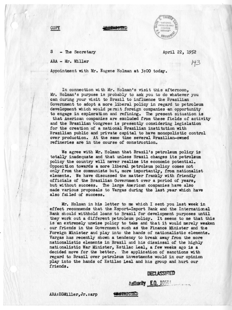 Memorandum from Edward G. Miller to Secretary of State Dean Acheson