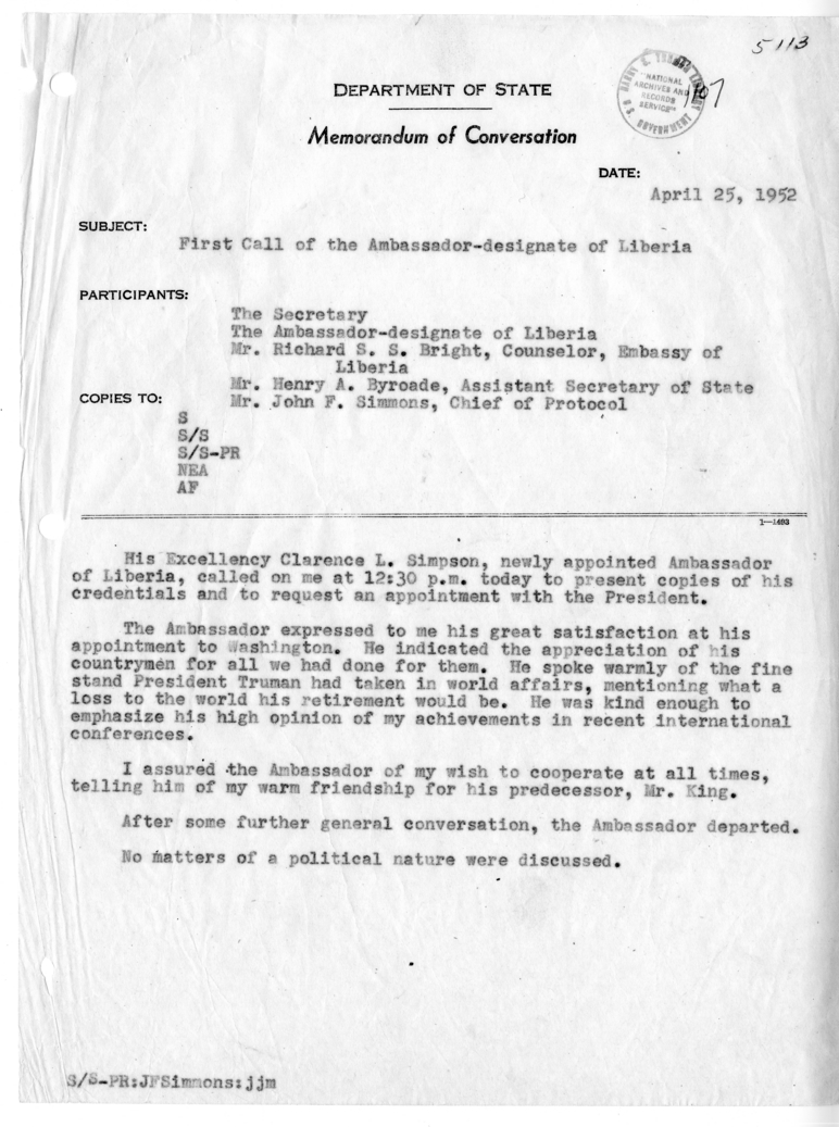 Memorandum of Conversation with His Excellency Ambassador Clarence L. Simpson of Liberia, Counselor of the Embassy of Liberia Richard S. S. Bright, Henry A. Byroade, and Chief of Protocol John F. Simmons