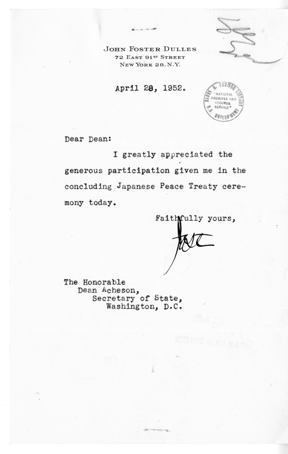 Letter from John Foster Dulles to Secretary of State Dean Acheson