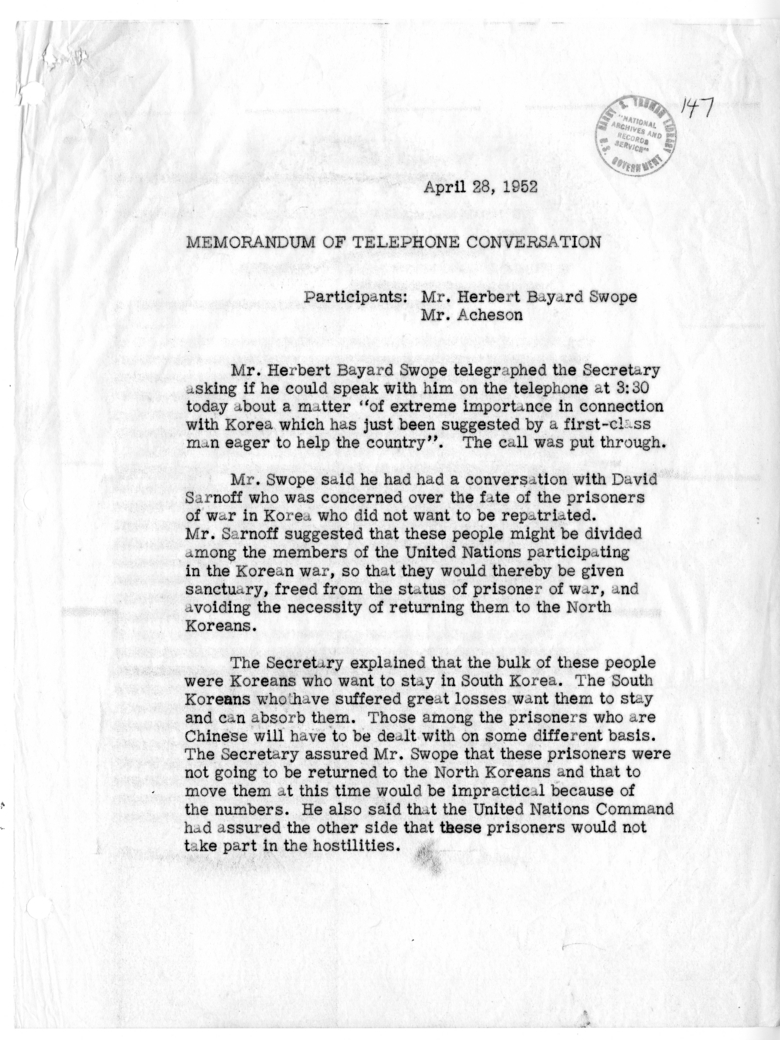 Memorandum of Telephone Conversation with Herbert Bayard Swope