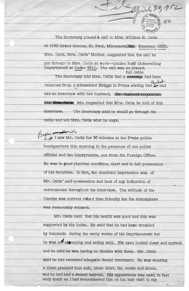 Memorandum of Telephone Conversation with Mrs. William N. Oatis