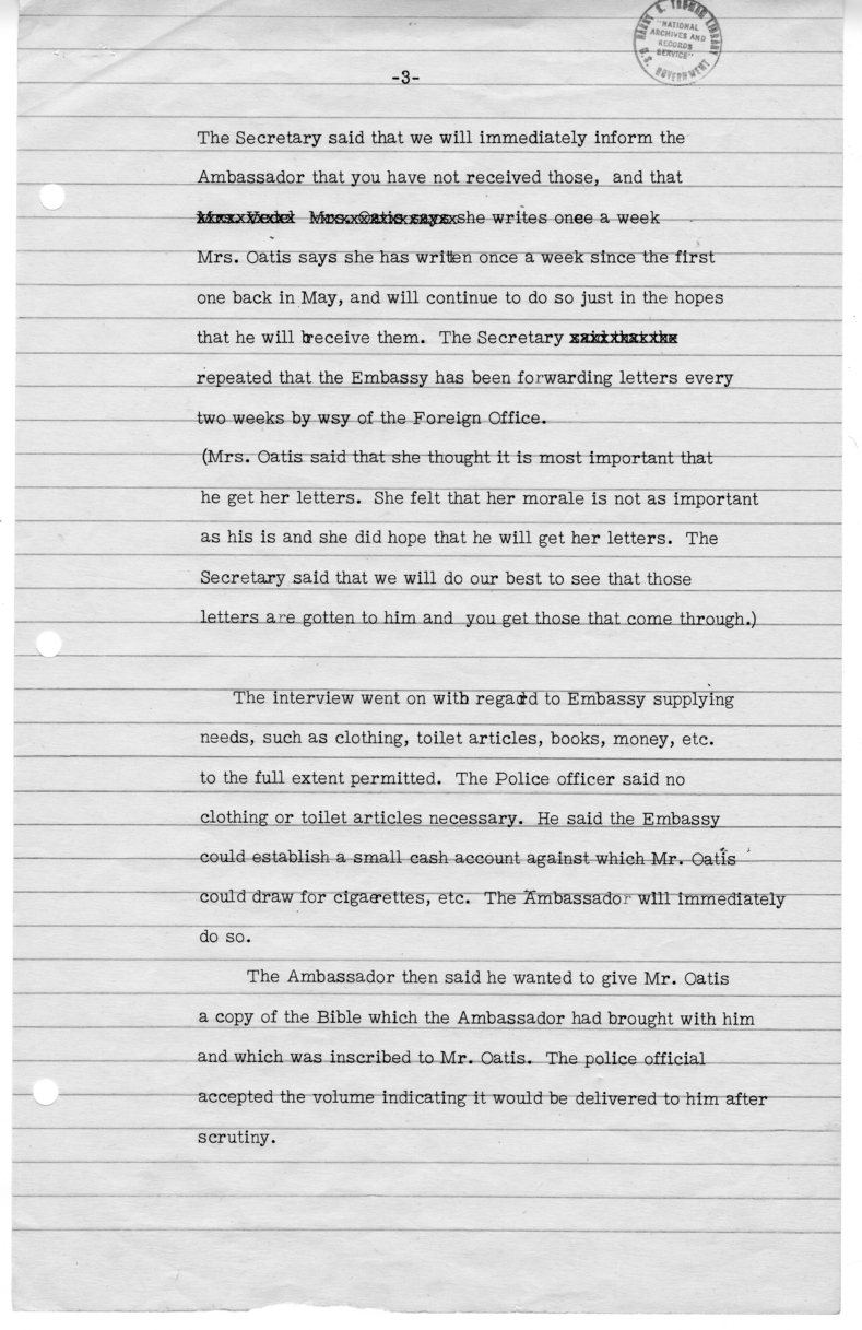 Memorandum of Telephone Conversation with Mrs. William N. Oatis