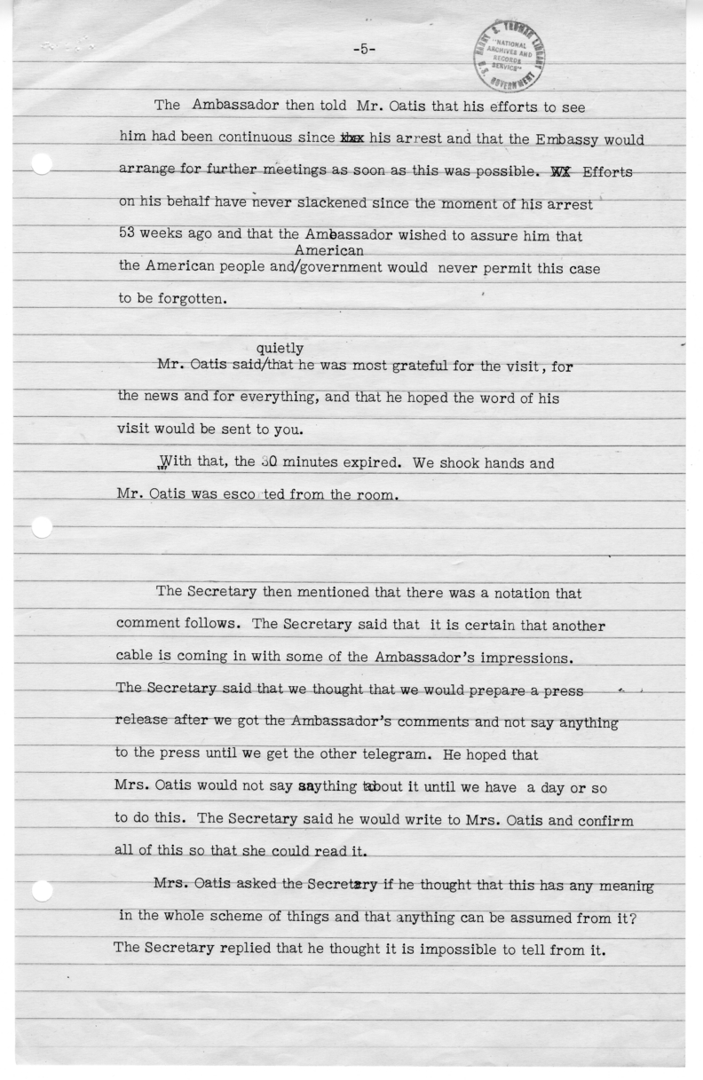 Memorandum of Telephone Conversation with Mrs. William N. Oatis