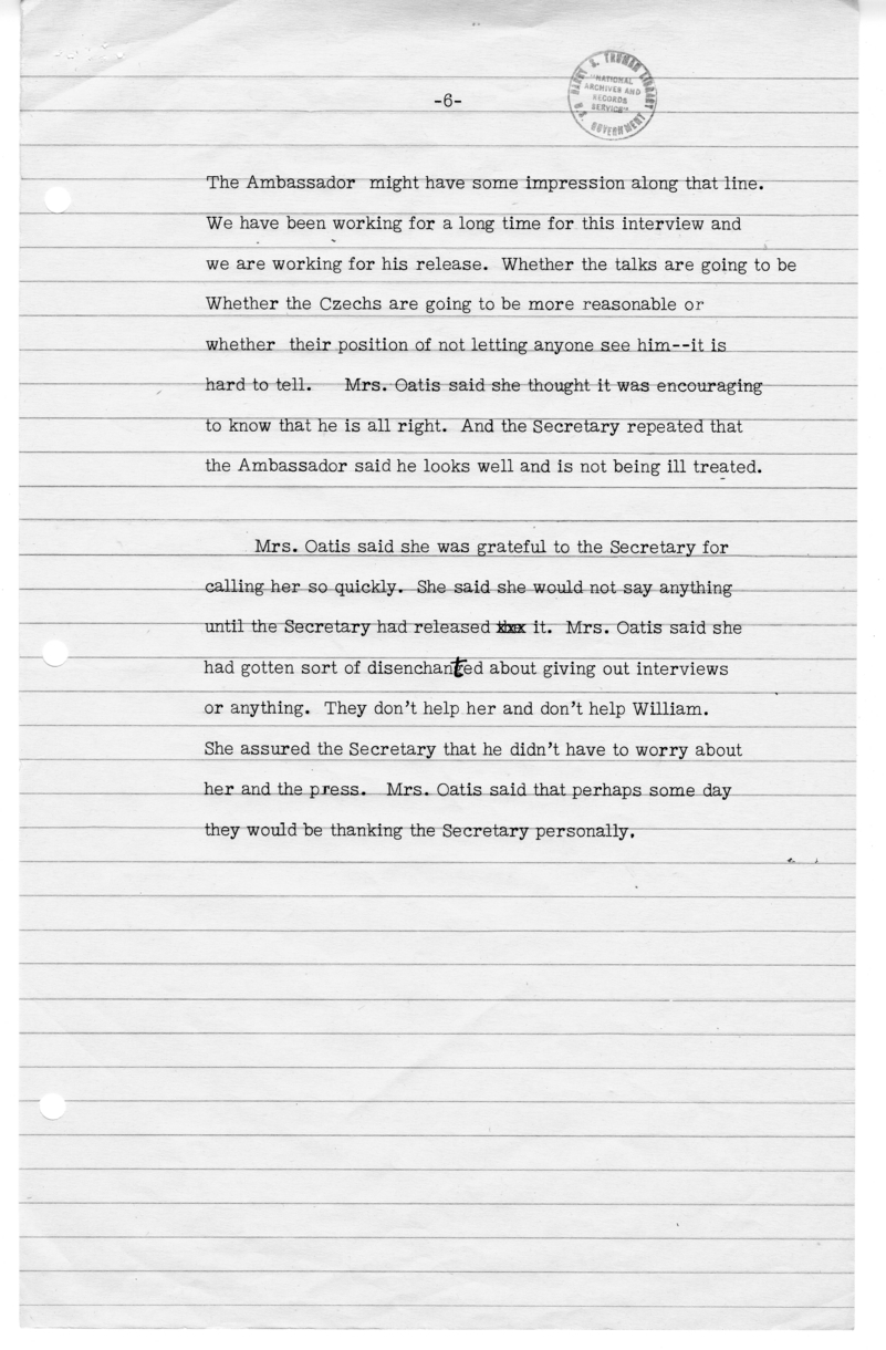 Memorandum of Telephone Conversation with Mrs. William N. Oatis