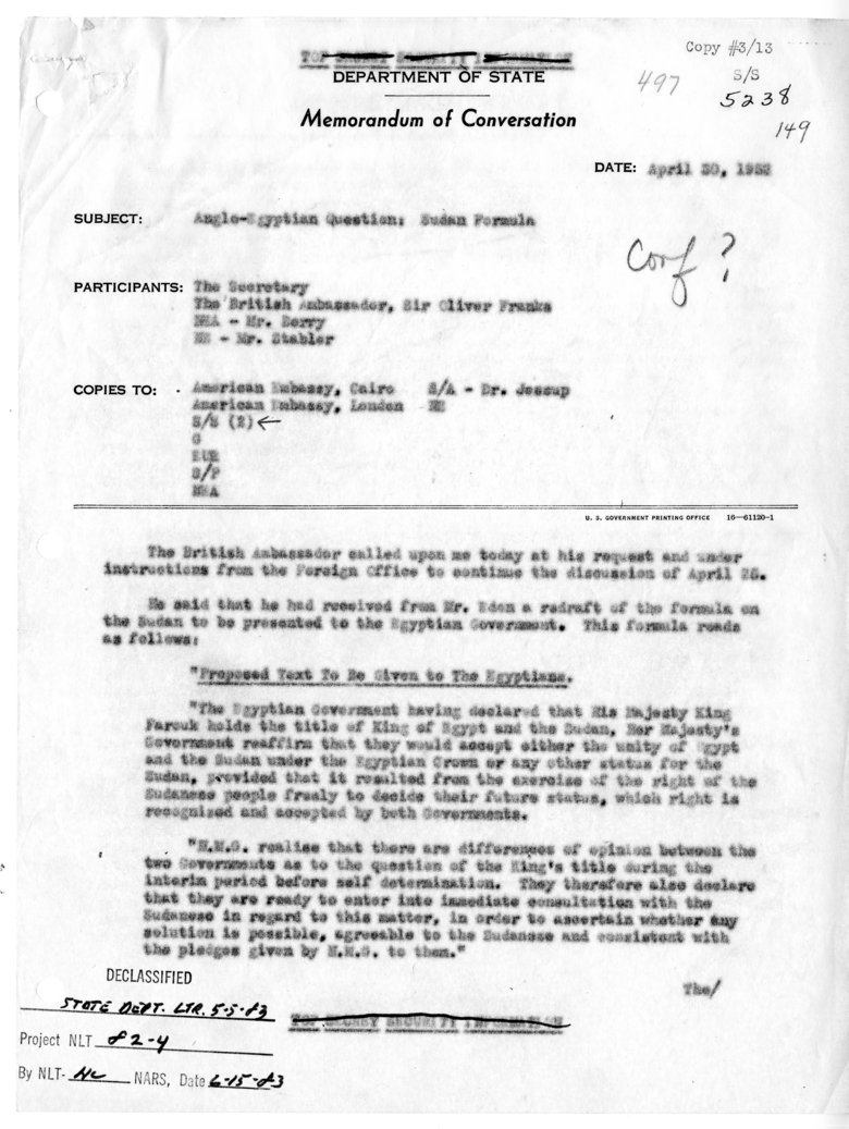 Memorandum of Conversation with Ambassador Sir Oliver Franks of Great Britain, Burton Berry, and Wells Stabler