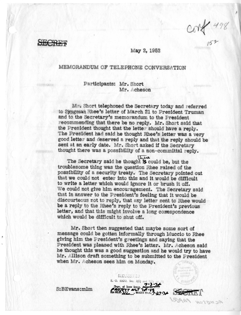 Memorandum of Telephone Conversation with Press Secretary Joseph Short