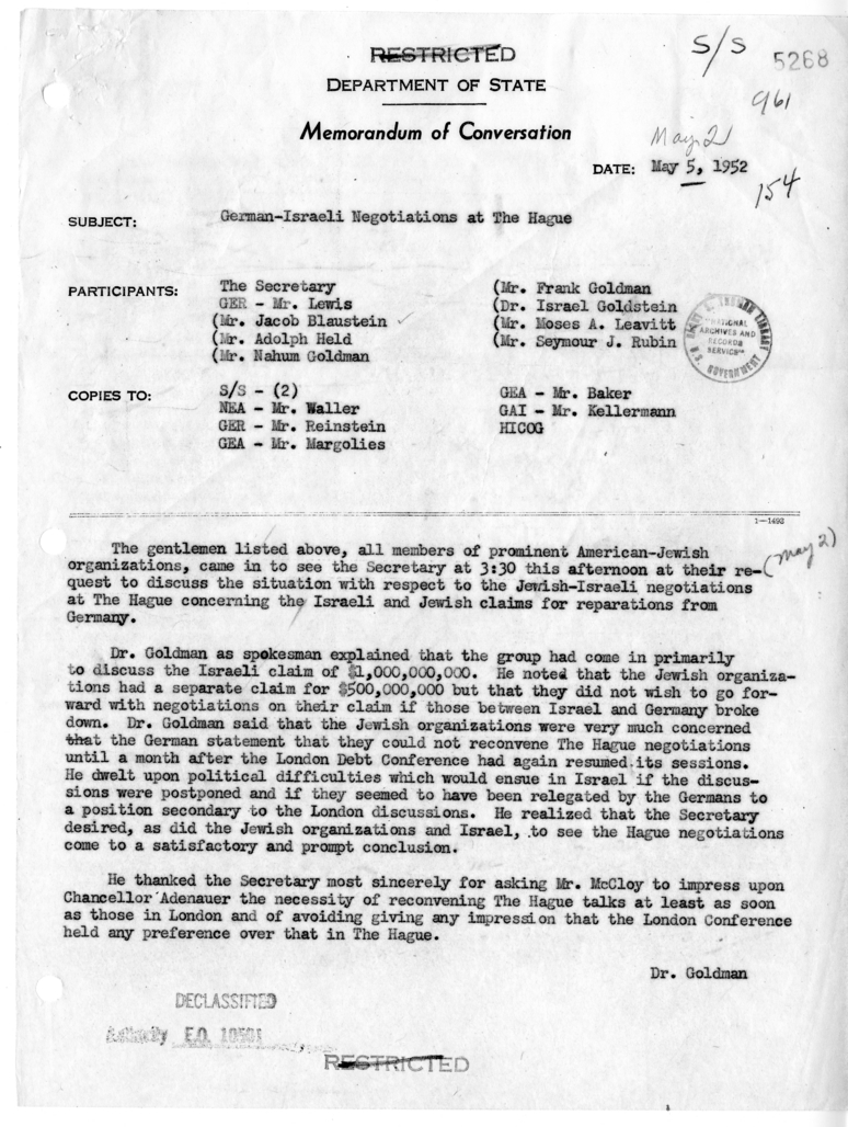 Memorandum of Conversation with Jacob Blaustein, Adolph Held, Nahum Goldman, Frank Goldman, Israel Goldstein, Moses A. Leavitt, Seymour J. Rubin, and Geoffrey W. Lewis