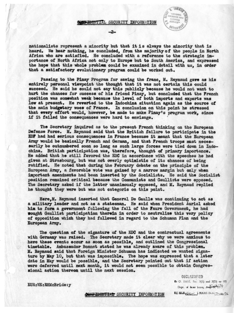 Memorandum of Conversation with Ambassador Henri Bonnet of France, Paul Reynaud of France, and Robert H. McBride