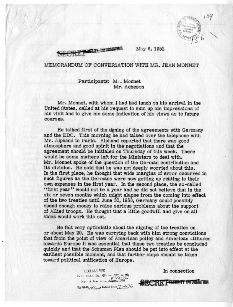 Memorandum of Conversation with Jean Monnet