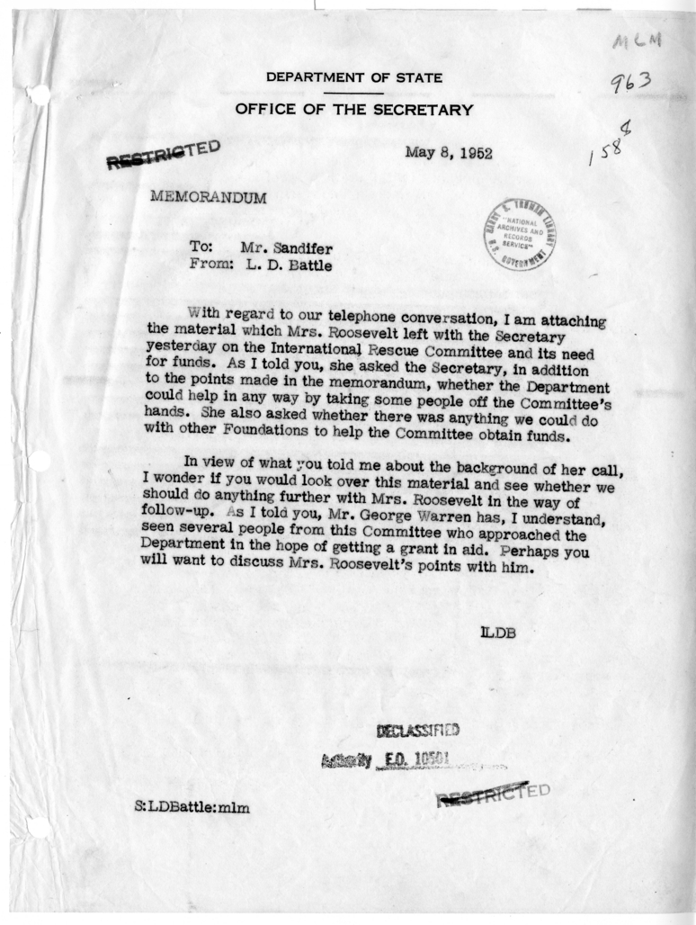 Memorandum from Lucius D. Battle to Durward Sandifer