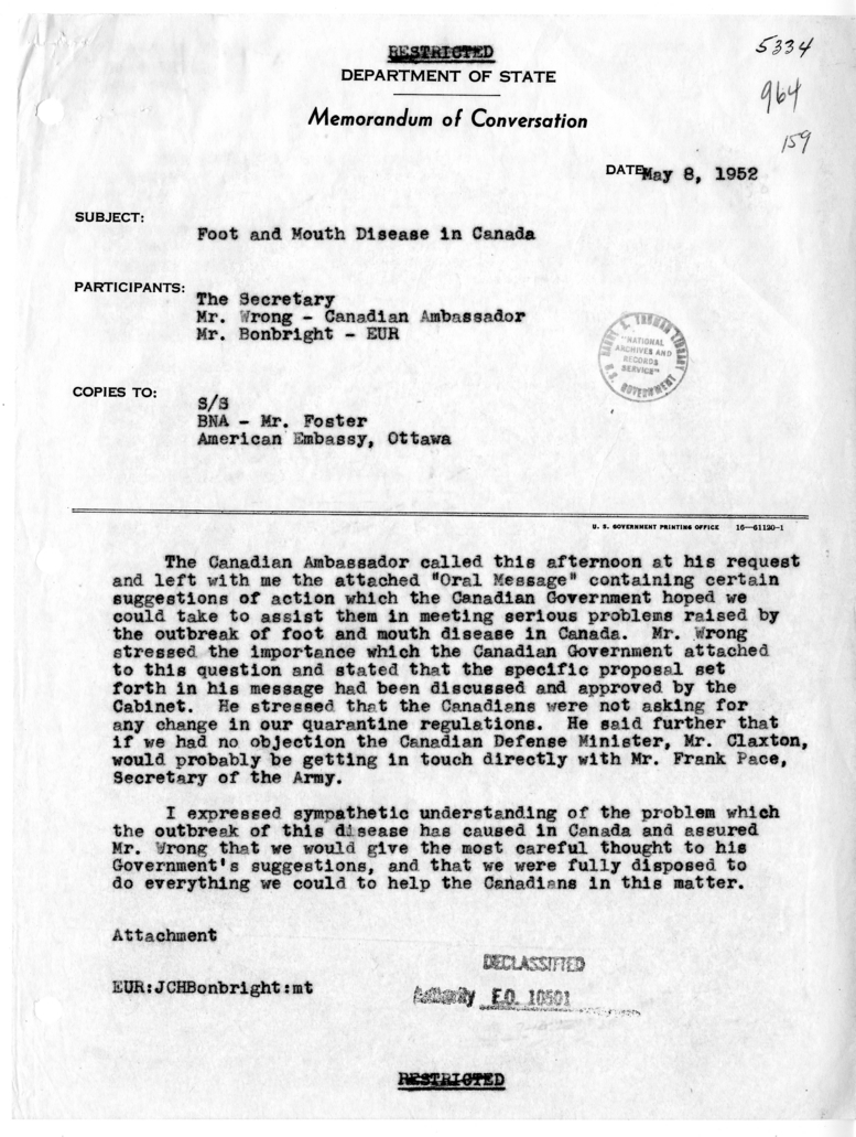 Memorandum of Conversation with Ambassador Hume Wrong of Canada, and James C. Bonbright