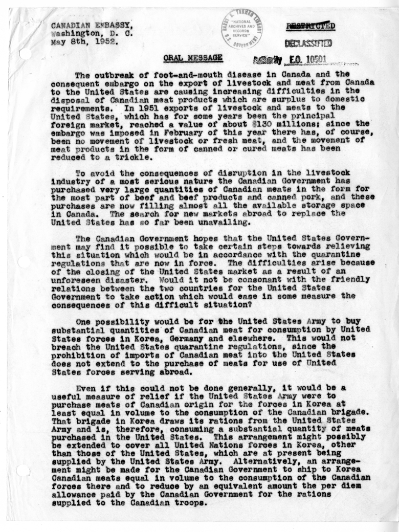 Memorandum of Conversation with Ambassador Hume Wrong of Canada, and James C. Bonbright