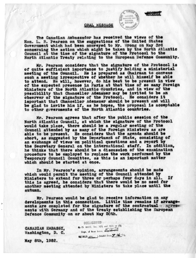 Memorandum of Conversation with Ambassador Hume Wrong of Canada and James C. Bonbright