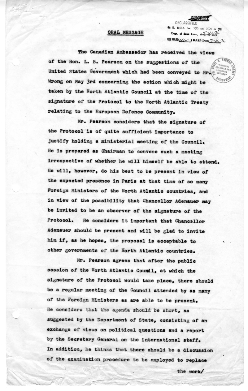 Memorandum of Conversation with Ambassador Hume Wrong of Canada and James C. Bonbright