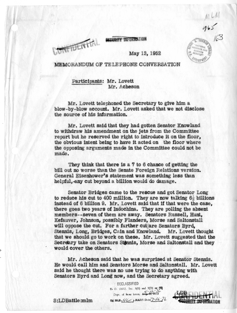 Memorandum of Telephone Conversation with Secretary of Defense Robert Lovett