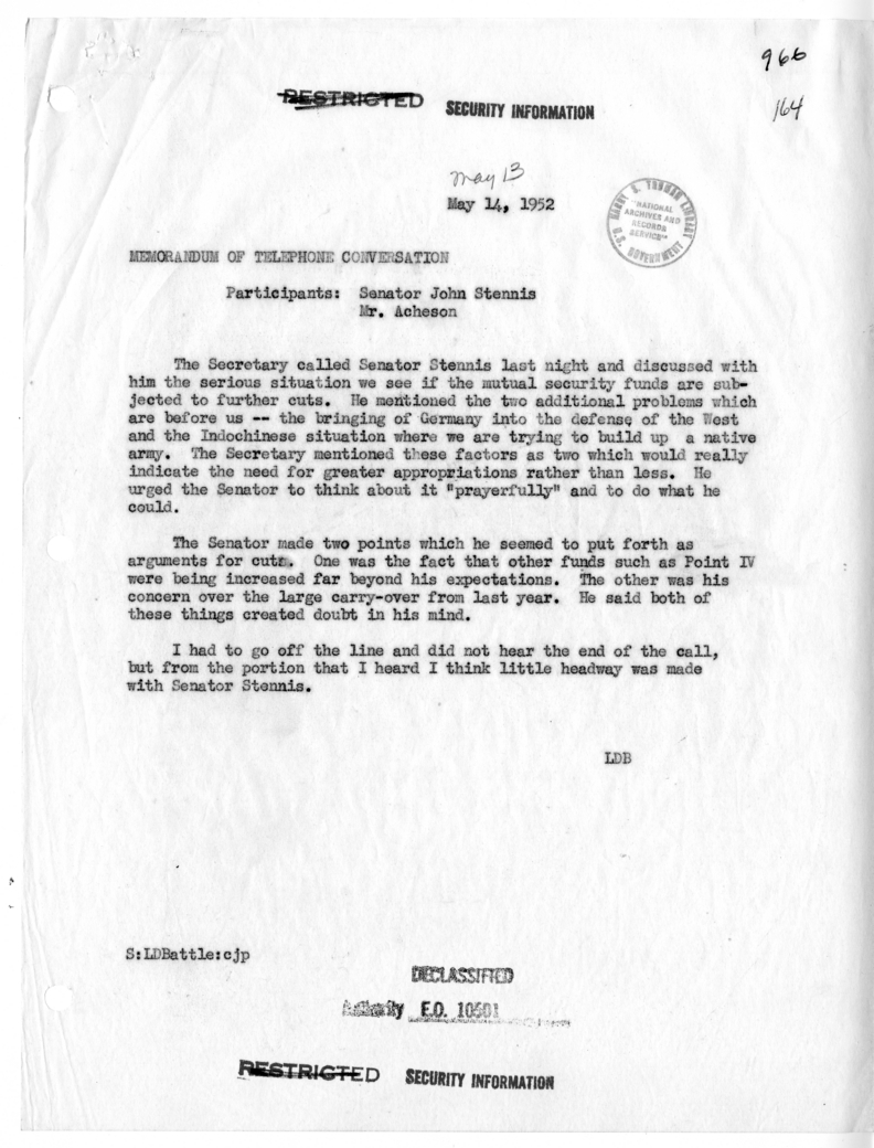 Memoranda of Conversations with Senators John Stennis, Wayne Morse, and Leverett Saltonstall