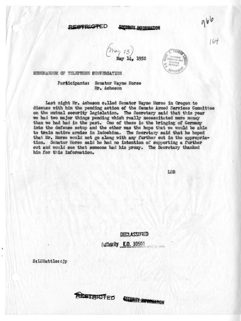 Memoranda of Conversations with Senators John Stennis, Wayne Morse, and Leverett Saltonstall