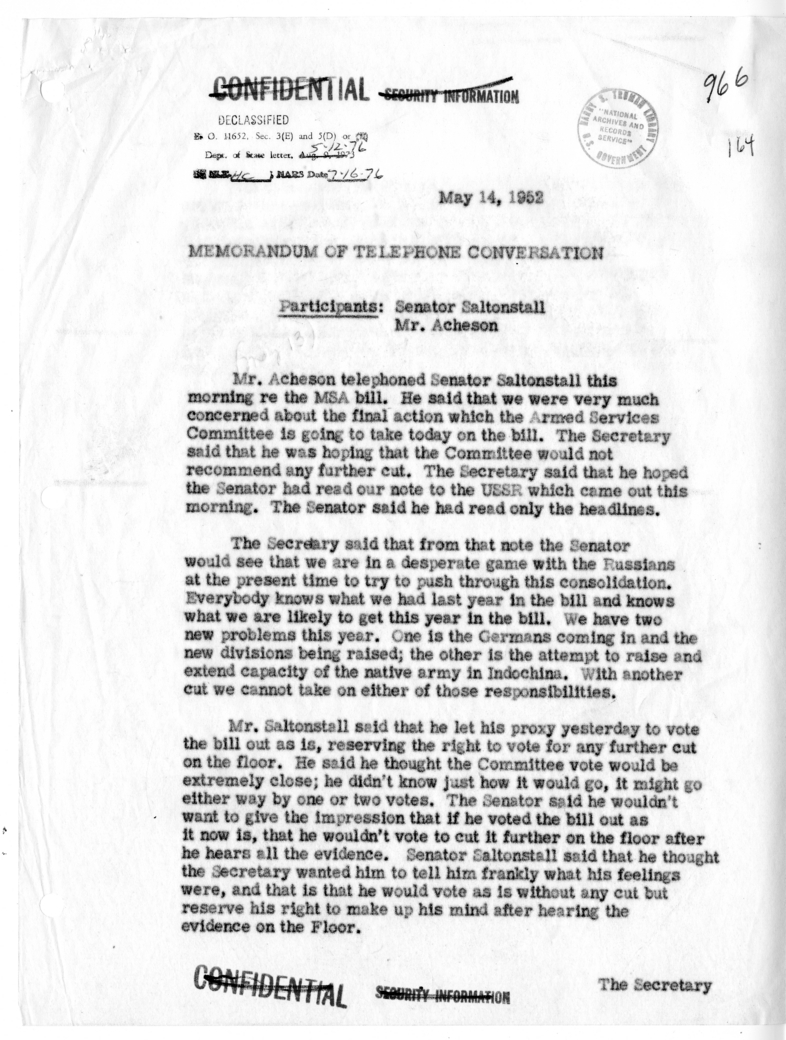 Memoranda of Conversations with Senators John Stennis, Wayne Morse, and Leverett Saltonstall