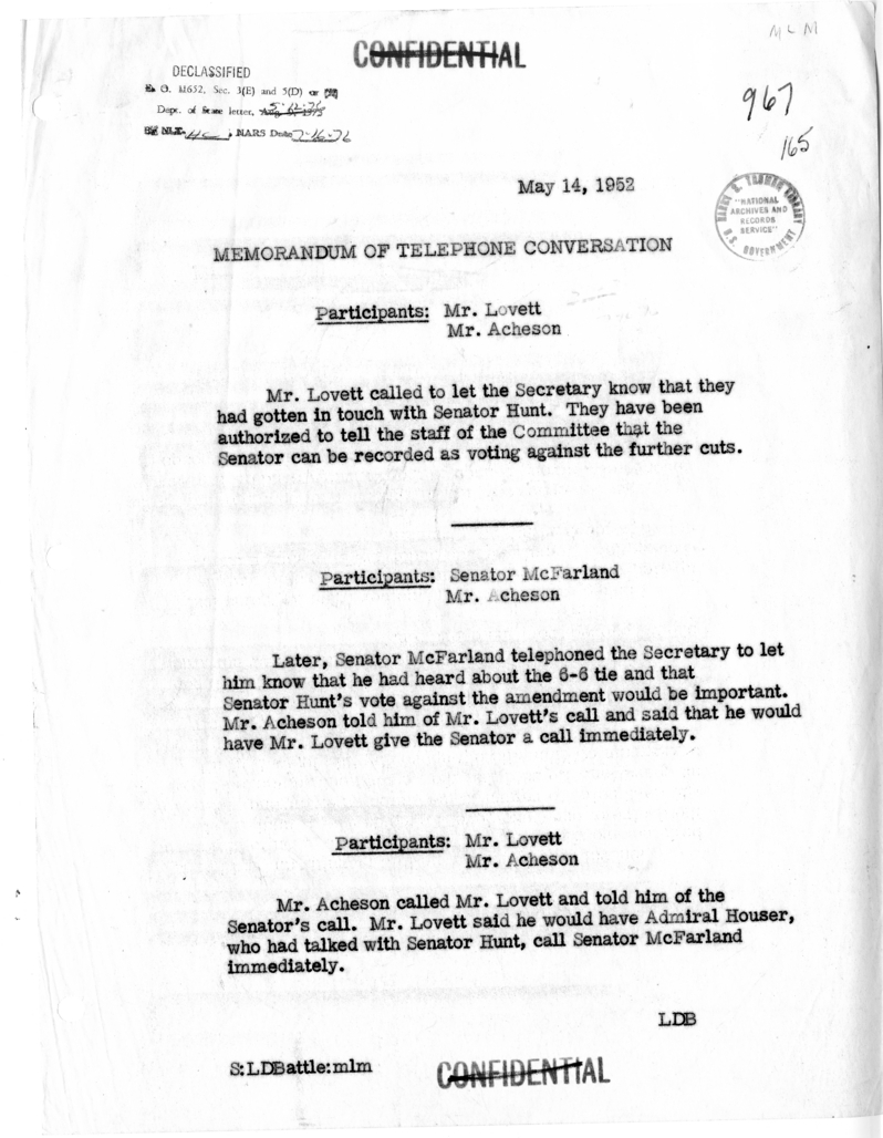 Memorandum of Telephone Conversations with Secretary of Defense Robert Lovett and Senator Ernest McFarland