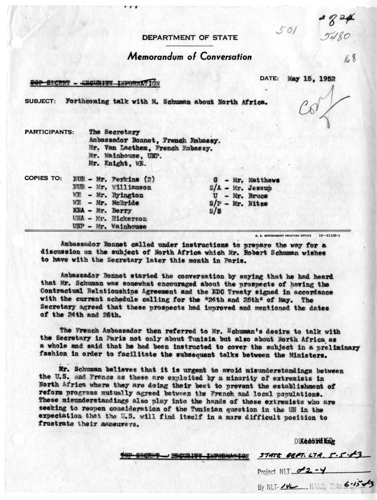 Memorandum of Conversation with Ambassador Henri Bonnet of France; Gabriel Van Laethem; Daniel Wainhouse; and William E. Knight