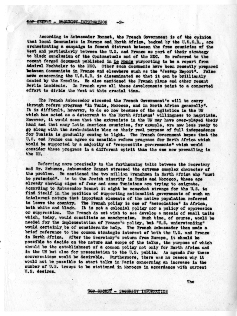 Memorandum of Conversation with Ambassador Henri Bonnet of France; Gabriel Van Laethem; Daniel Wainhouse; and William E. Knight