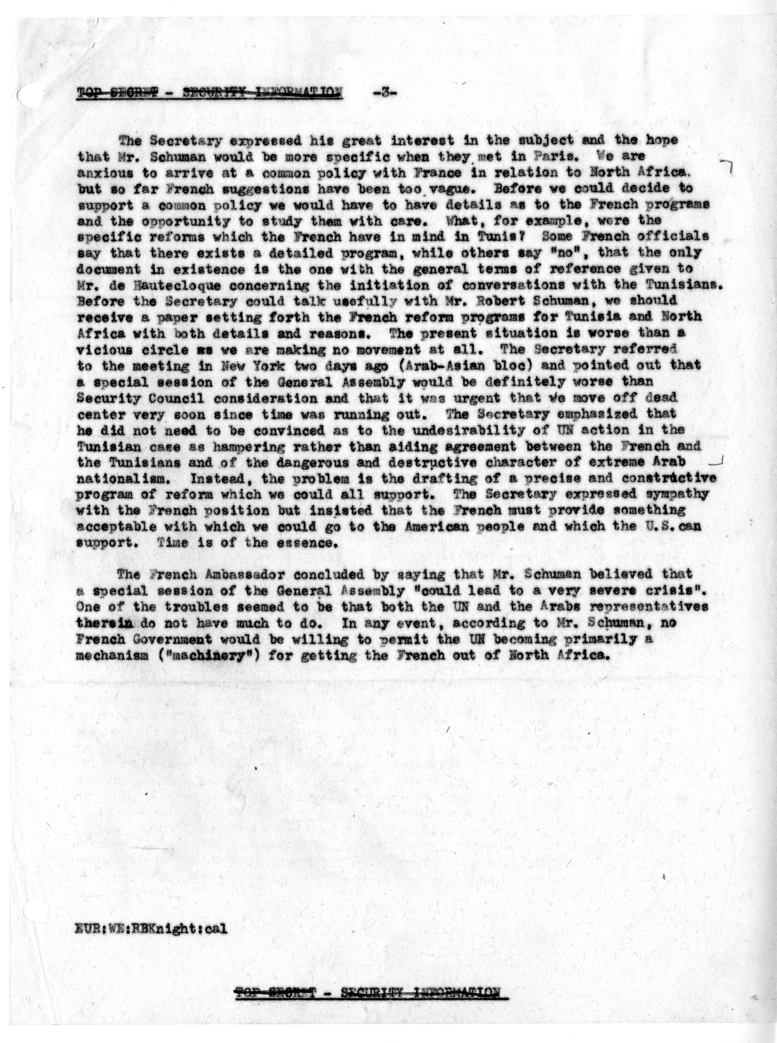 Memorandum of Conversation with Ambassador Henri Bonnet of France; Gabriel Van Laethem; Daniel Wainhouse; and William E. Knight