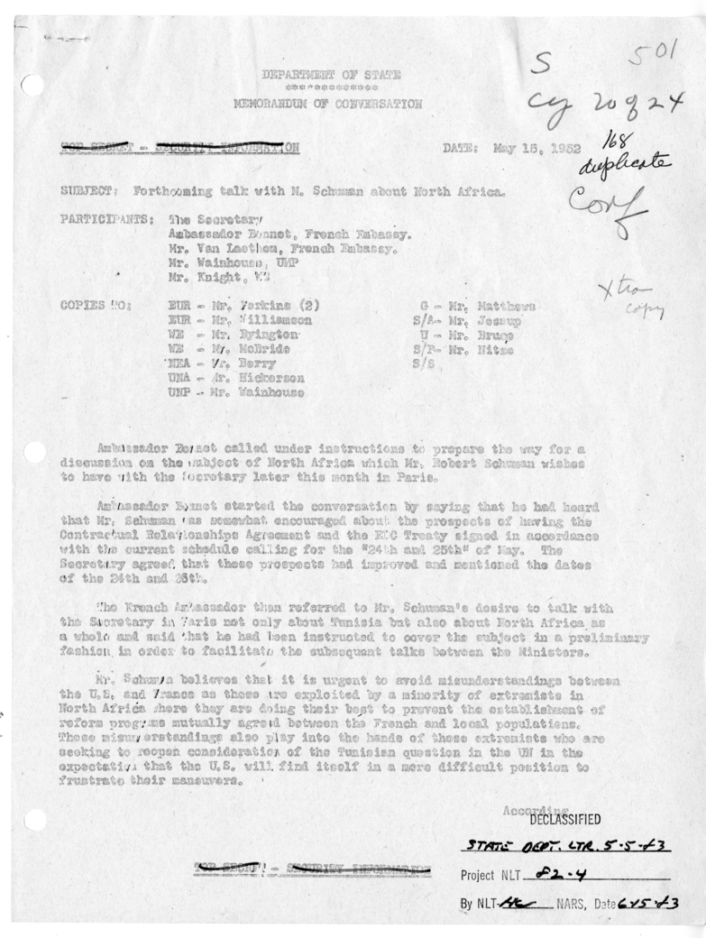 Memorandum of Conversation with Ambassador Henri Bonnet of France; Gabriel Van Laethem; Daniel Wainhouse; and William E. Knight