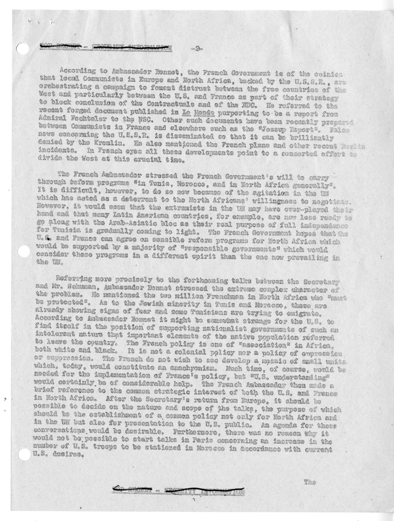 Memorandum of Conversation with Ambassador Henri Bonnet of France; Gabriel Van Laethem; Daniel Wainhouse; and William E. Knight