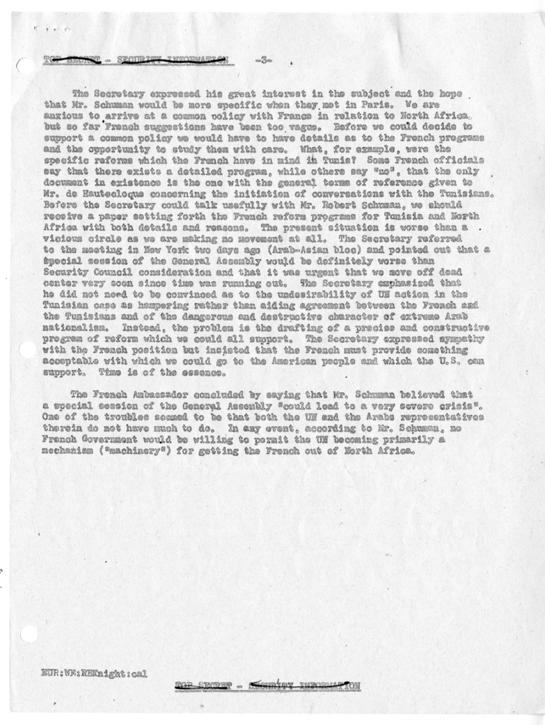 Memorandum of Conversation with Ambassador Henri Bonnet of France; Gabriel Van Laethem; Daniel Wainhouse; and William E. Knight