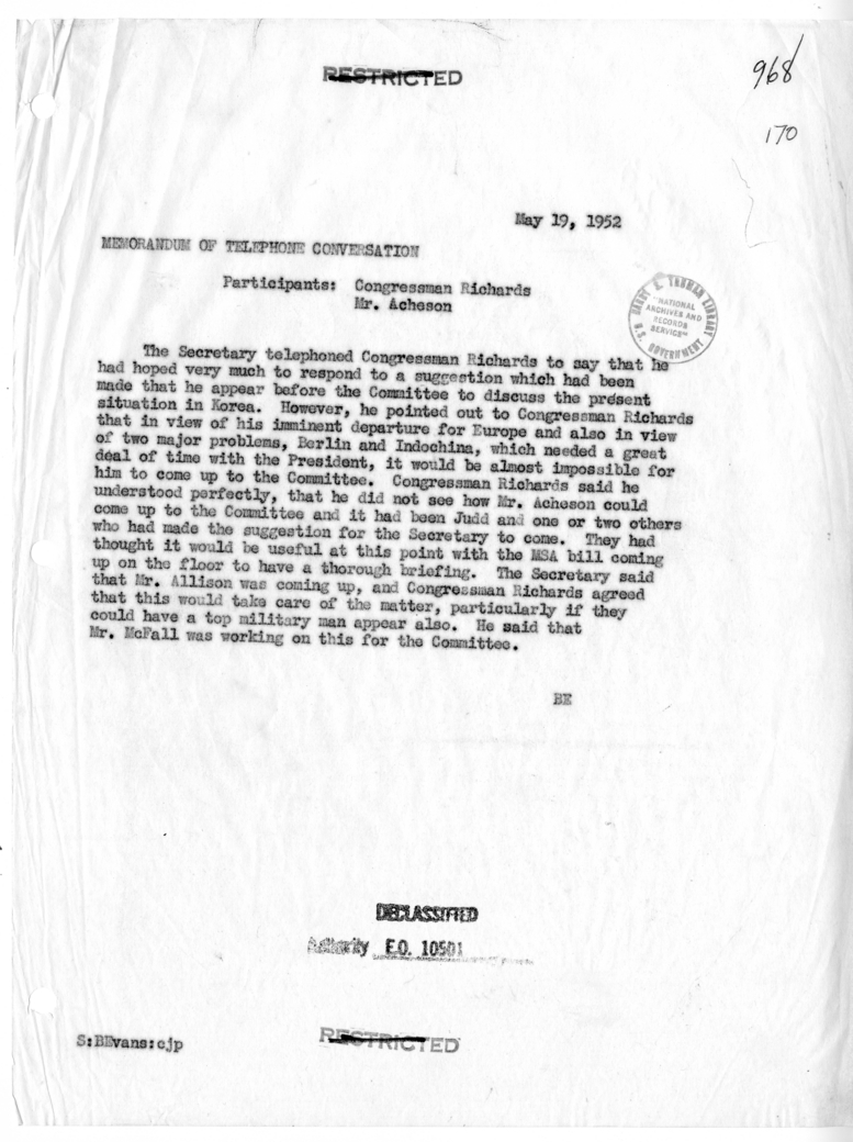 Memorandum of Conversation with Congressman James Richards