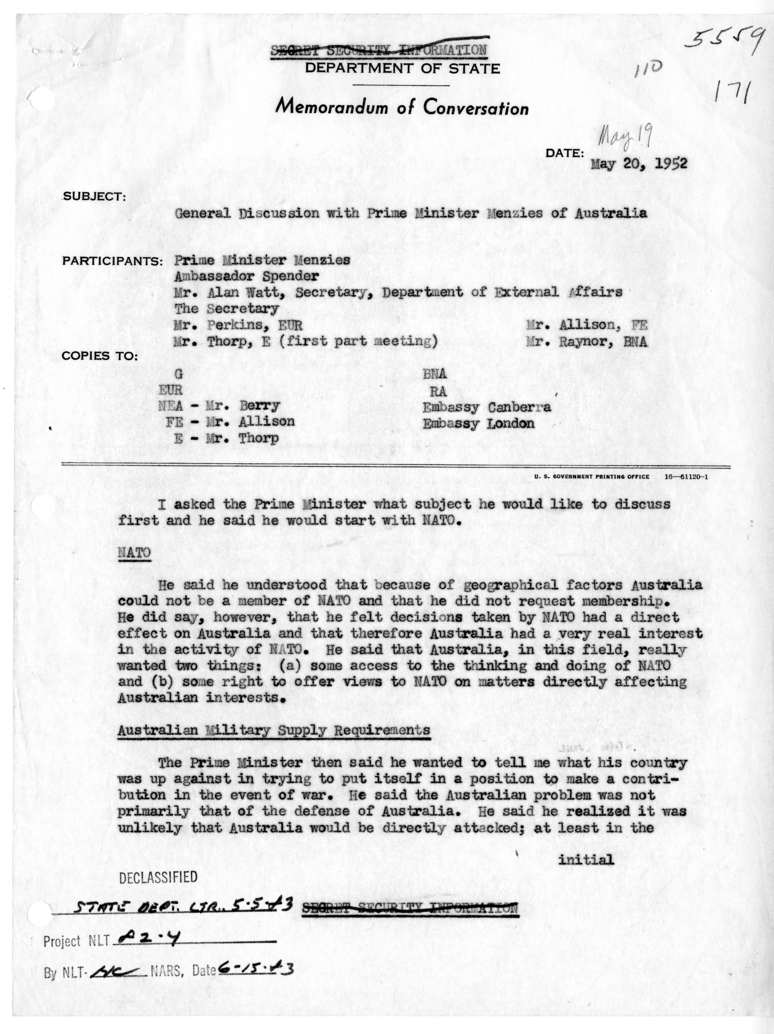 Memorandum of Conversation with Prime Minister Robert Menzies of Australia, Ambassador Sir Percy Spender of Australia, Secretary of the Department of External Affairs for Australia Allan Watt, George W. Perkins, Willard Thorp, John Allison, and G. Hayden 