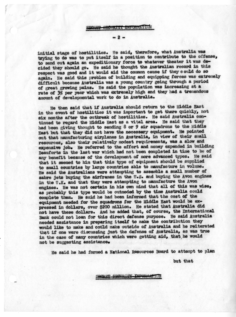 Memorandum of Conversation with Prime Minister Robert Menzies of Australia, Ambassador Sir Percy Spender of Australia, Secretary of the Department of External Affairs for Australia Allan Watt, George W. Perkins, Willard Thorp, John Allison, and G. Hayden 