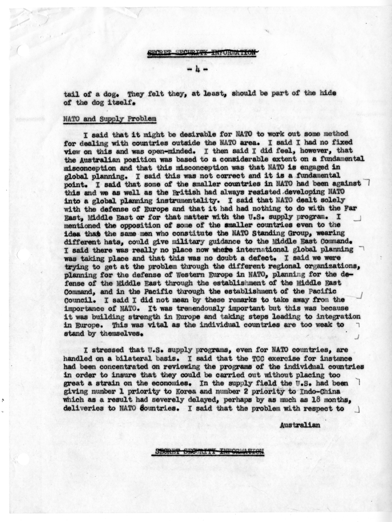 Memorandum of Conversation with Prime Minister Robert Menzies of Australia, Ambassador Sir Percy Spender of Australia, Secretary of the Department of External Affairs for Australia Allan Watt, George W. Perkins, Willard Thorp, John Allison, and G. Hayden 