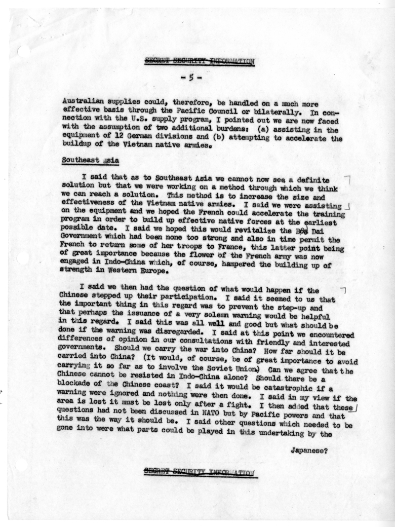 Memorandum of Conversation with Prime Minister Robert Menzies of Australia, Ambassador Sir Percy Spender of Australia, Secretary of the Department of External Affairs for Australia Allan Watt, George W. Perkins, Willard Thorp, John Allison, and G. Hayden 