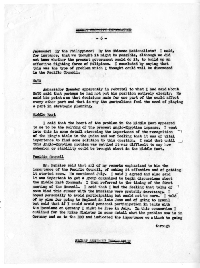 Memorandum of Conversation with Prime Minister Robert Menzies of Australia, Ambassador Sir Percy Spender of Australia, Secretary of the Department of External Affairs for Australia Allan Watt, George W. Perkins, Willard Thorp, John Allison, and G. Hayden 