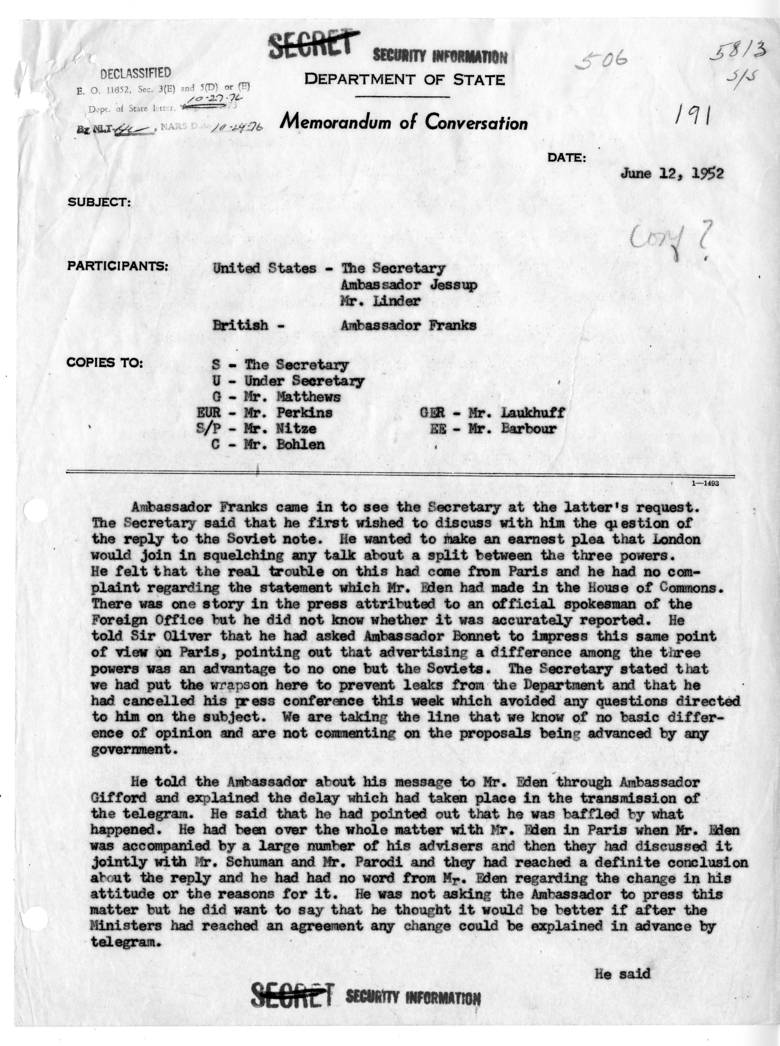 Memorandum of Conversation with Ambassador Philip Jessup, Harold F. Linder, and Ambassador Sir Oliver Franks of Great Britain