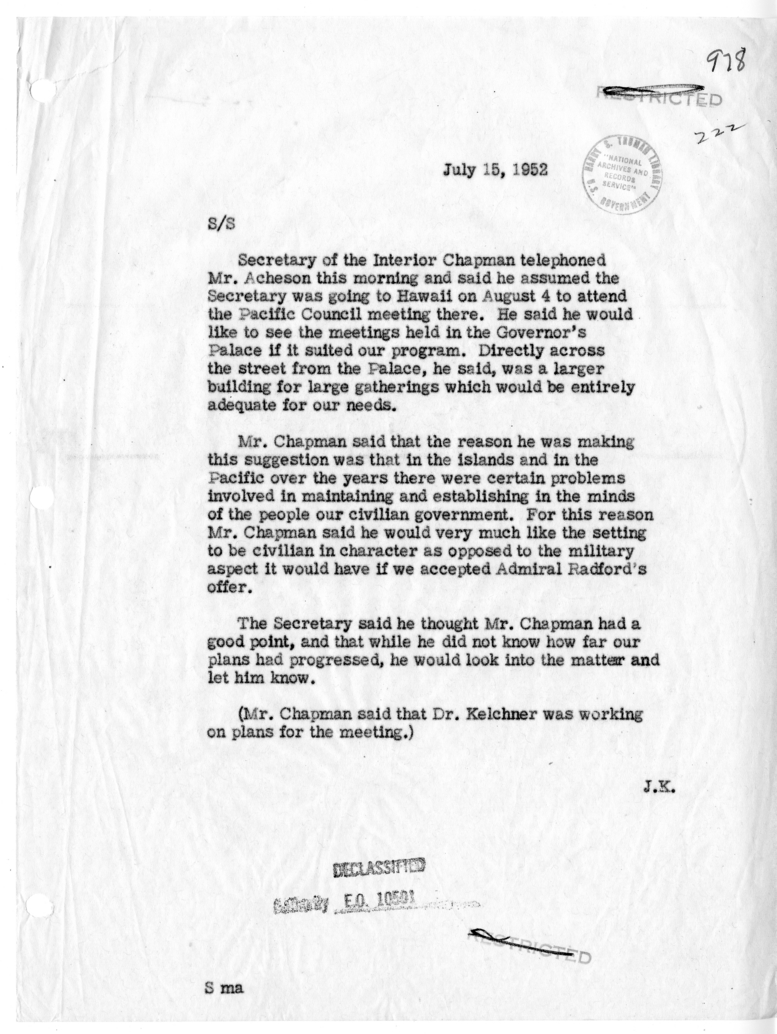 Memorandum of Telephone Conversation with Secretary of the Interior Oscar Chapman
