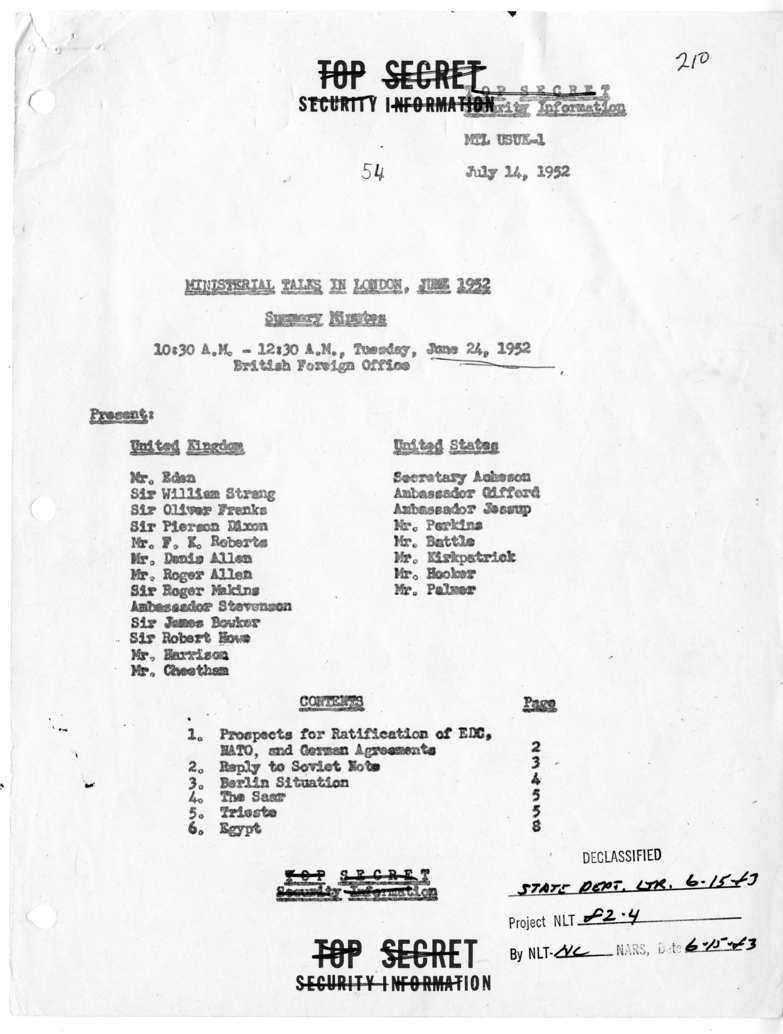 Memorandum of Ministerial Talks with Foreign Secretary Anthony Eden of the United Kingdom, Ambassador Sir Oliver Franks of Great Britain, United States Ambassador to Great Britain Walter Gifford, and Others