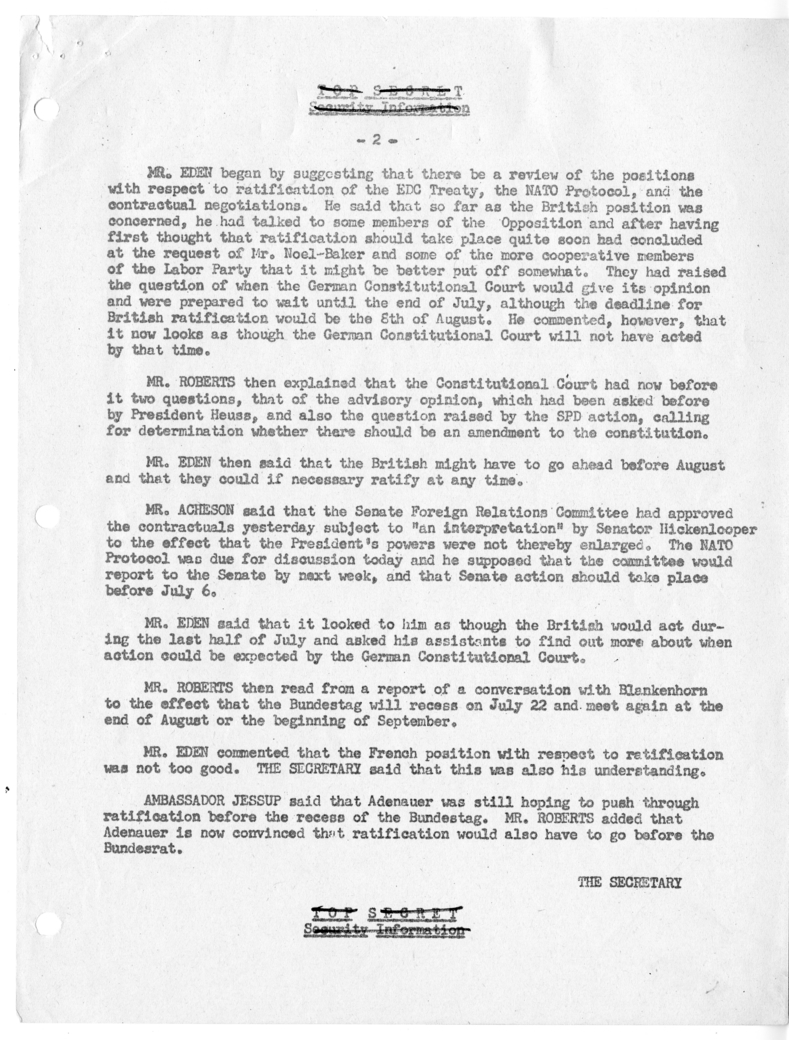 Memorandum of Ministerial Talks with Foreign Secretary Anthony Eden of the United Kingdom, Ambassador Sir Oliver Franks of Great Britain, United States Ambassador to Great Britain Walter Gifford, and Others