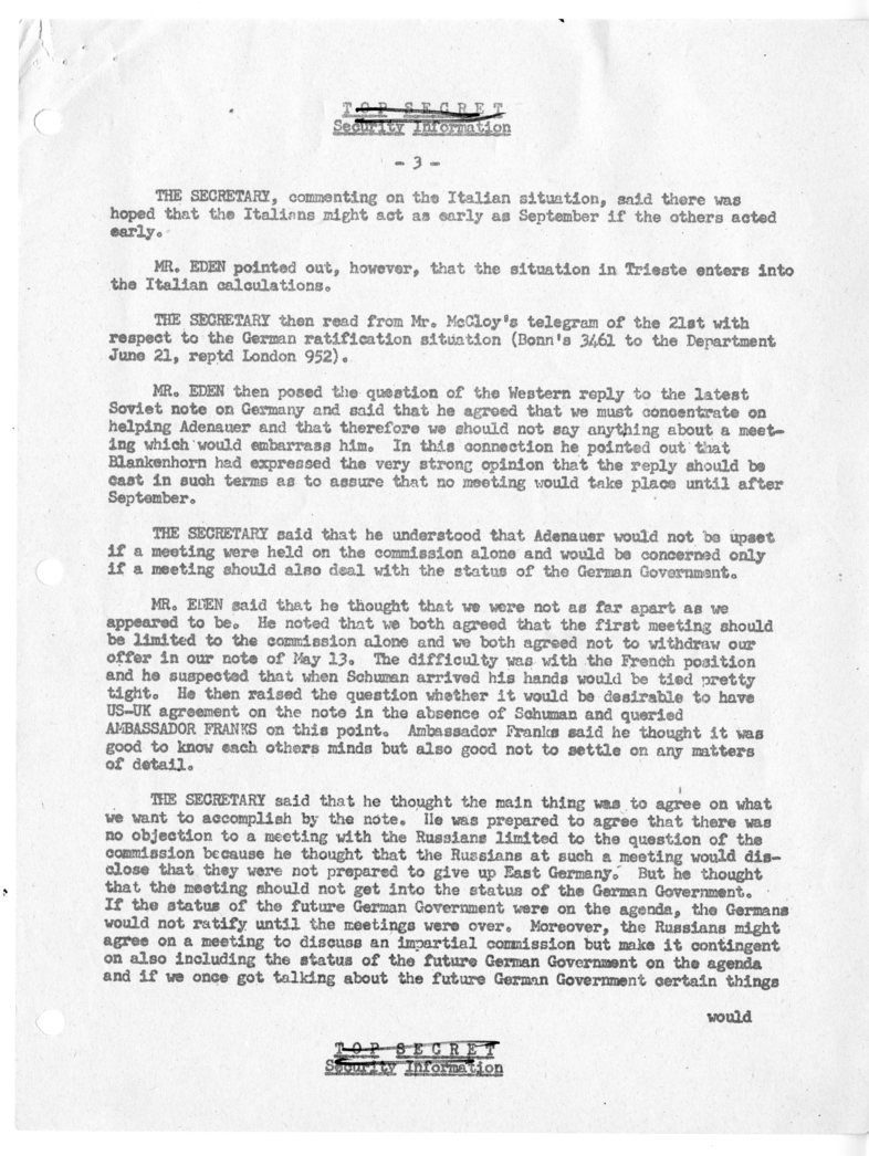 Memorandum of Ministerial Talks with Foreign Secretary Anthony Eden of the United Kingdom, Ambassador Sir Oliver Franks of Great Britain, United States Ambassador to Great Britain Walter Gifford, and Others
