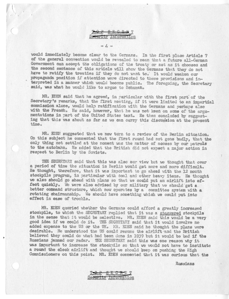 Memorandum of Ministerial Talks with Foreign Secretary Anthony Eden of the United Kingdom, Ambassador Sir Oliver Franks of Great Britain, United States Ambassador to Great Britain Walter Gifford, and Others