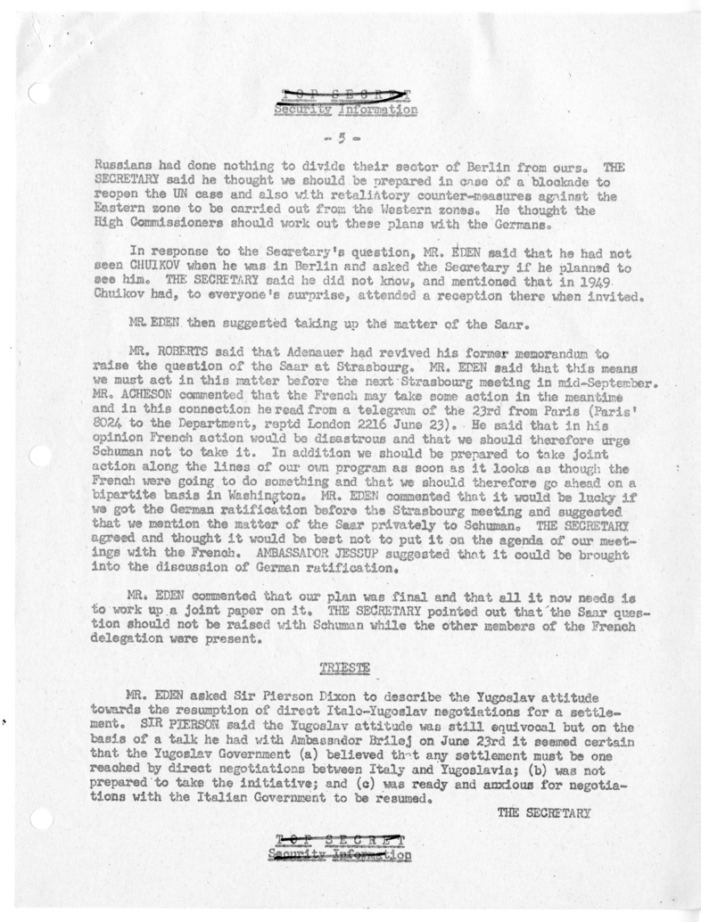 Memorandum of Ministerial Talks with Foreign Secretary Anthony Eden of the United Kingdom, Ambassador Sir Oliver Franks of Great Britain, United States Ambassador to Great Britain Walter Gifford, and Others