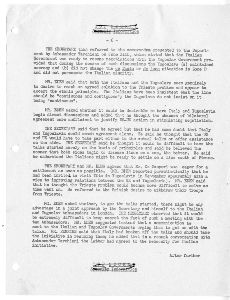 Memorandum of Ministerial Talks with Foreign Secretary Anthony Eden of the United Kingdom, Ambassador Sir Oliver Franks of Great Britain, United States Ambassador to Great Britain Walter Gifford, and Others